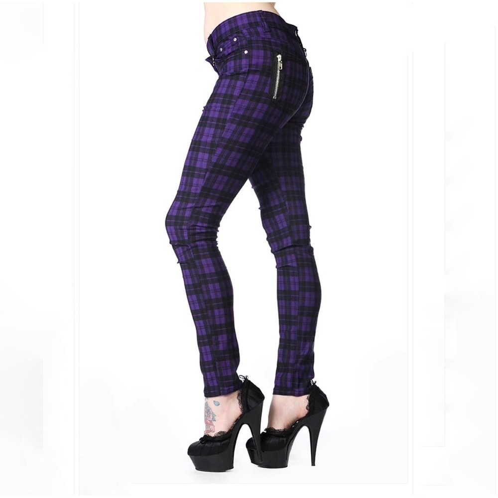 Banned Apparel Purple Black Plaid Skinny Pants D-Ring Punk TBN405 Sz Large